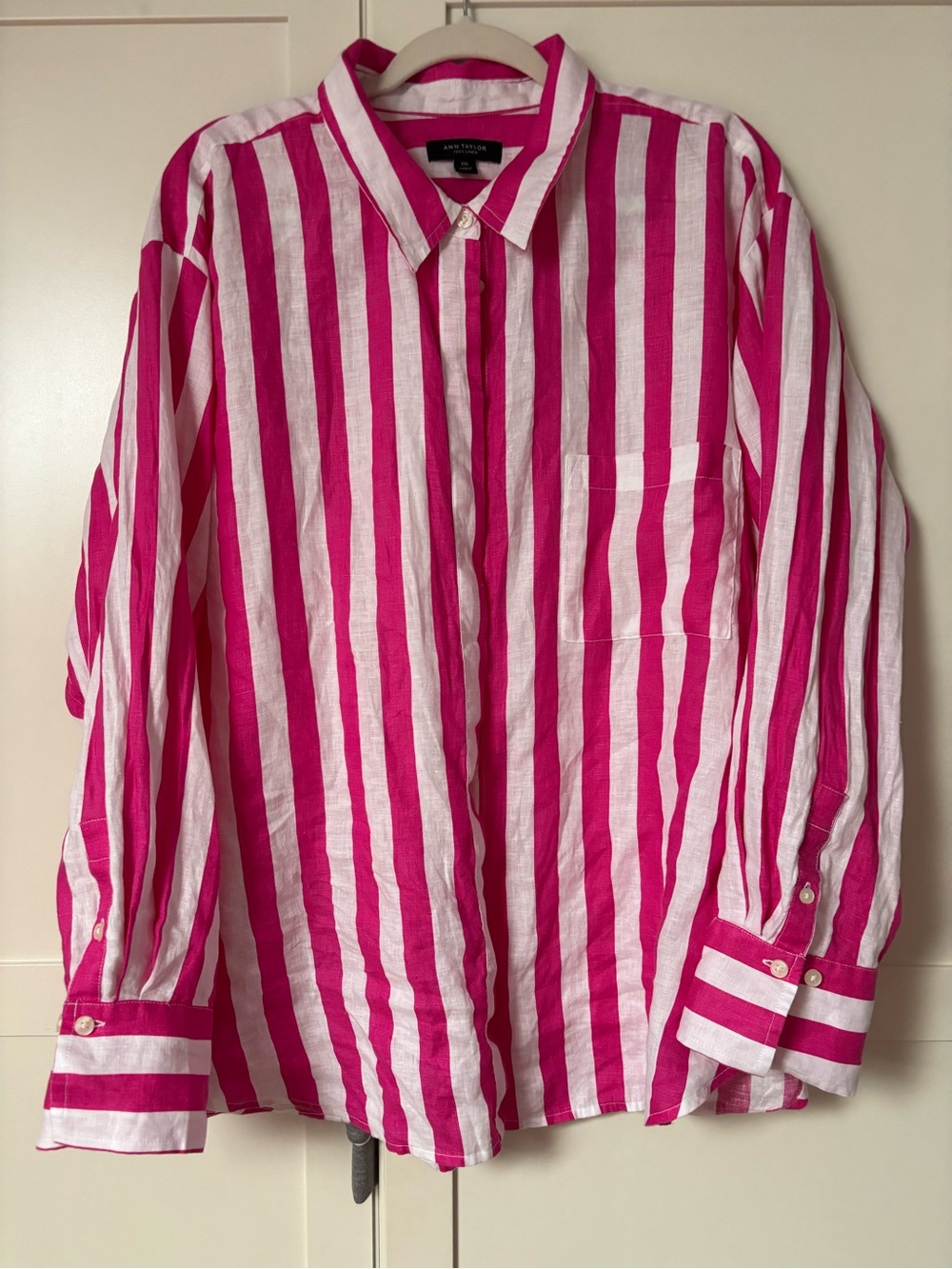 Ann Taylor Hot Pink and White Striped Linen Button-Up Shirt